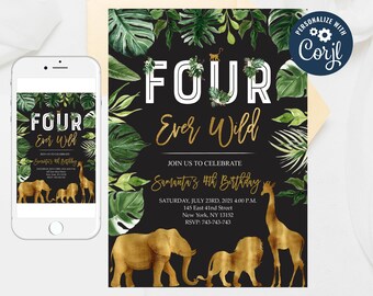 Puede incluir: Una invitación de cumpleaños de temática de selva negra y dorada con hojas verdes, siluetas de animales doradas y el texto "FOUR Ever Wild" y "Samantha's 4th Birthday".
