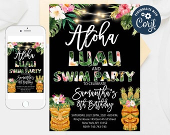 Editable Aloha Luau Birthday Invitation: Tropical Tiki Party (Digital)
