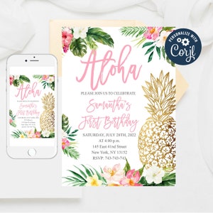 Aloha Luau 1st Birthday Invitation: Gold Pineapple (Editable Template)