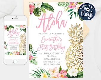Aloha Luau 1st Birthday Invitation: Gold Pineapple (Editable Template)