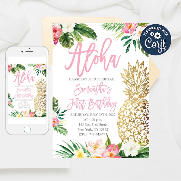 Editable Birthday Luau Invitation, Aloha 1st Birthday Invitation, Hawaiian Birthday Luau Invite, Gold Pineapple Girl Birthday invite 366