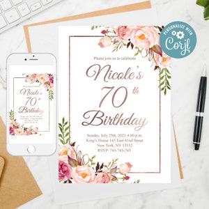 Bewerkbare 70e verjaardagsuitnodiging, bloemenvrouwenverjaardagsuitnodiging, vrouwenverjaardagsuitnodiging, Blush Rose Gold Floral verjaardagsviering voor vrouwen 2
