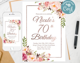 Floral 70th Birthday Invitation: Blush Rose Gold (Editable)
