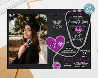 Editable Nursing School Graduation Announcement: RN Photo Invitation