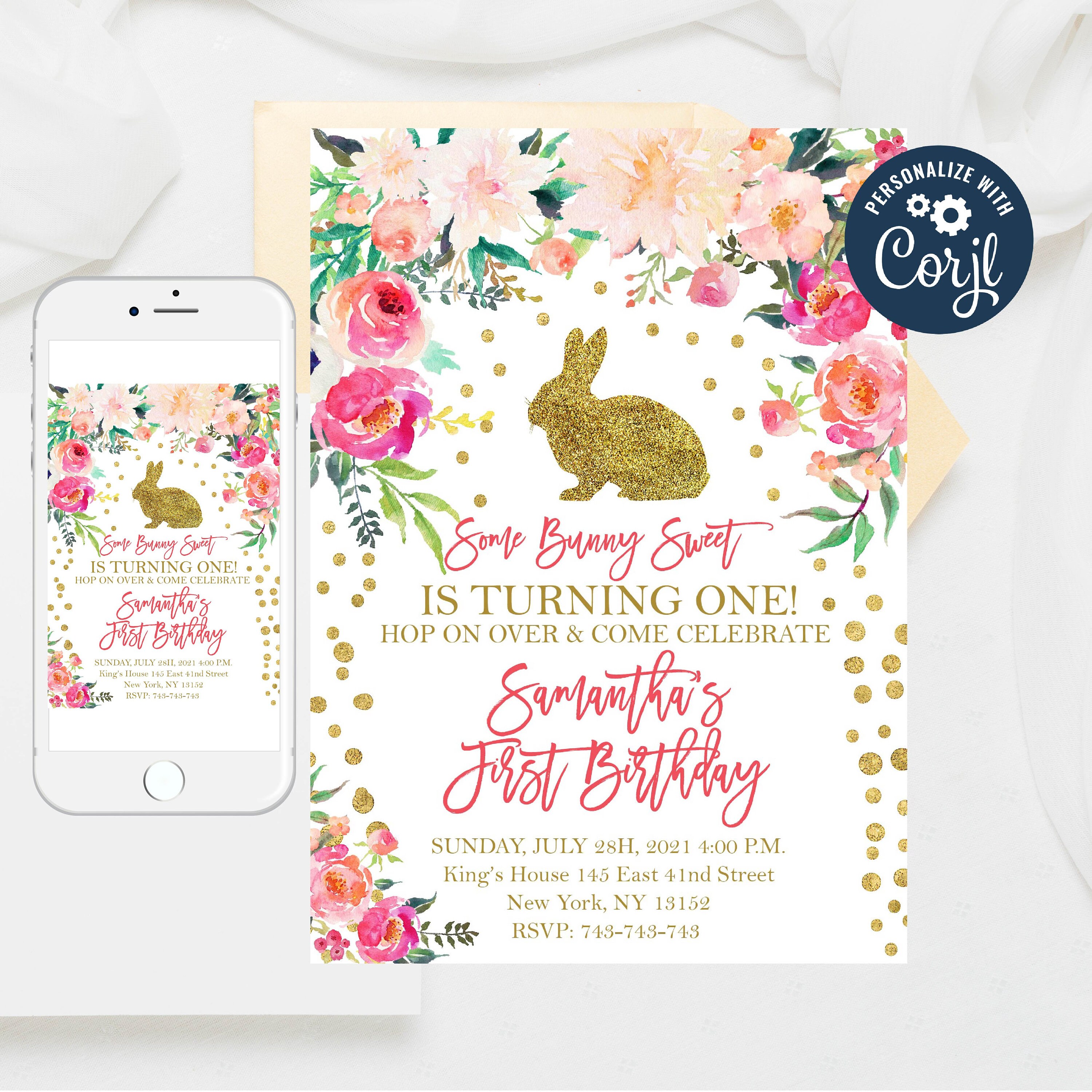 Paper & Party Supplies Editable Electronic Bunny Birthday Invitation