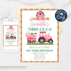 Editable Farm Birthday Invitation, Pink Farm Animals 3rd Birthday Invite Template Invite, Girl Barnyard Birthday, Girl Farm Invitations 378