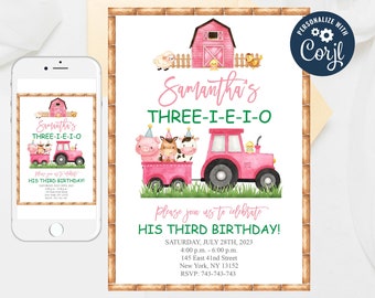Pink Farm Animals Birthday Invitation: Girl Barnyard Theme (Editable Template)