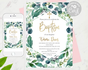 Eucalyptus Baptism Invitation Template: Greenery Communion (Instant Download)