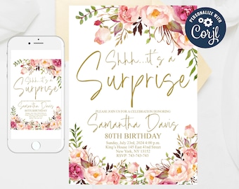 Floral Surprise 80th Birthday Invitation Template (Editable)