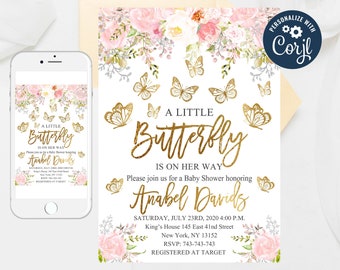 Editable Butterflies Watercolor Floral, Girl Baby Shower Invite, Fairy Baby Shower, Blush Pink, Floral Invitation Butterfly Template 57