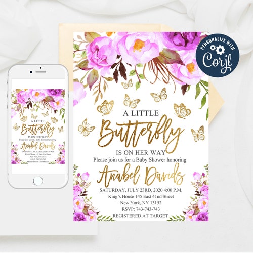 Editable Butterfly Baby Shower Invitation Purple Butterflies Etsy