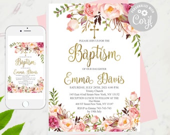 Editable Floral Baptism Invitation,Flower Baptism Invitation, Great for any Baptism, Christening, Floral Bptism invitation, Template 6