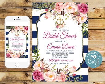 Nautical Bridal Shower Invitation: Floral Anchor, Navy & Gold (Digital Download)