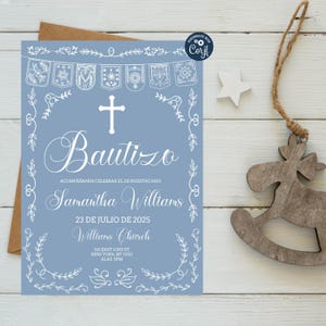 Editable Papel Picado Baptism Invitation, Dusty Blue Template, Mexican Theme Boy Bautizo Invitation Template, Bautizo Instant Download