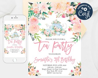 Invitations modifiables de thé d'anniversaire, invitation de thé, invitation de thé floral rose blush, modèle floral d'aquarelle 261