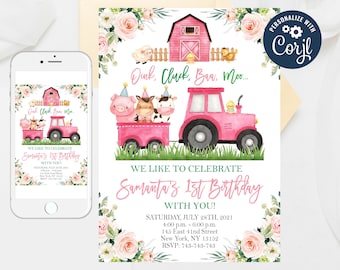 Invito di compleanno per bambine in fattoria: animali rosa da cortile (modello modificabile)