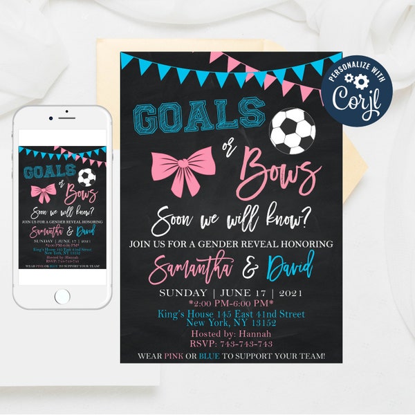 Editable Goals or Bows Gender Reveal invitation, Goals Girl or boy invitation, Gender reveal party invitation Templates 375