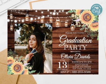 Editable Sunflower Graduation Party Invitation with Photo (Digital Download)