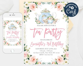 Editable Floral Tea Party Invitation, Tea Party Invite,Tea Party Birthday Invitation,Tea Party Supplies, Template Birthday Party 84