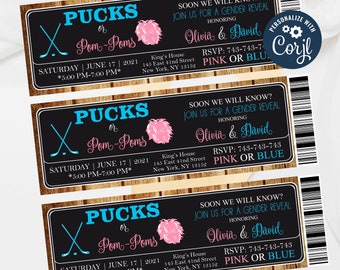 May include: Three gender reveal party invitations with a woodgrain background. The invitations are in the shape of a ticket and feature a hockey stick and a pom-pom. The text on the invitations reads "Pucks or Pom-Poms", "Olivia & David", "RSVP: 743-743-743", and "Pink or Blue".
