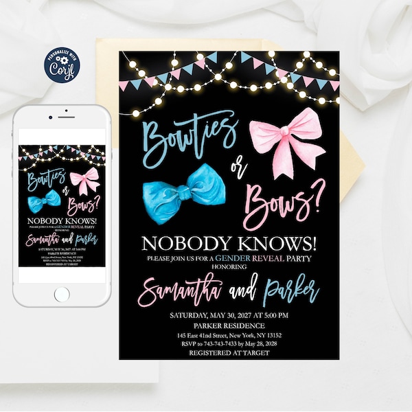 Editable Bowties or Bows Gender Reveal Invitation, Boy or Girl, He or She, Gender Neutral Baby Shower Invite, Pink or Blue Templates 01