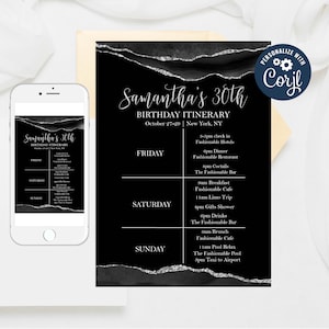 May include: A black and silver birthday itinerary card with the text "Samantha's 30th Birthday Itinerary" and a list of events for Friday, Saturday, and Sunday. The card has a silver glitter effect and a torn paper design.