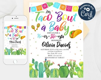 May include: A colorful invitation for a baby shower with a Mexican theme. The invitation features a taco, maracas, and cacti. The text on the invitation reads "Let's Taco Bout a Baby" and "He-or-She-esta".