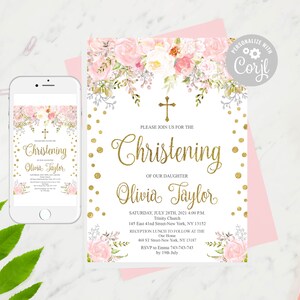 Puede incluir: Una invitaci&oacute;n de bautizo rosa y dorada con detalles florales. La invitaci&oacute;n incluye el texto "Por favor, &uacute;nase a nosotros para el bautizo de nuestra hija Olivia Taylor" y los detalles del evento, incluida la fecha, la hora, el lugar y la informaci&oacute;n de RSVP.