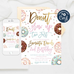 Editable Donut grow up two fast, Birthday Invitation, Two Sweet invitation, Donut Party Birthday Invitation, Donut Invitation Template 42