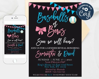 Editable Baseball or Bows Gender Reveal Invitation Template