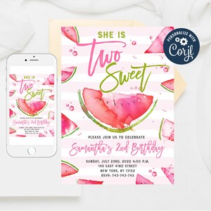 Könnte beinhalten: Rosa-grüne Geburtstagseinladung mit einem Aquarell-Wassermelonen-Design. Die Einladung lautet "Sie ist zwei und süß" und enthält den Text "Bitte feiern Sie mit uns Samanthas 2. Geburtstag".