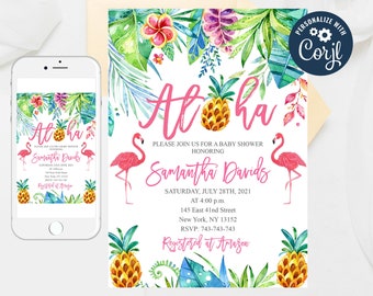 Editable Aloha Baby Shower Invitation, Flamingo baby shower Invitation, Luau Hawaiian ,Baby Shower Luau Template Invite 380