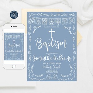 Editable Papel Picado Baptism Invitation, Dusty Blue Template, Mexican Theme Boy Bautizo Invitation Template, Bautizo Instant Download