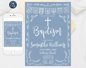 Editable Papel Picado Baptism Invitation: Dusty Blue Mexican Theme (Digital Download)