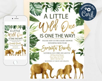 Wild One Baby Shower Invitation: Greenery Gold Safari (Editable Template)