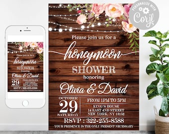Rustic Honeymoon Shower Invitation: Wood String Lights (Editable Template)