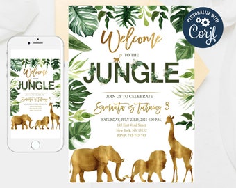 Editable Safari Party Invitation, Gold WILD Animal invitations, Jungle Birthday Invitation, Party Animals Lion Giraffe Elephant Monkey 307