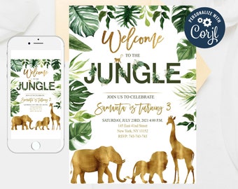 May include: A jungle-themed birthday invitation with gold foil accents. The invitation features a green and gold color scheme with a welcome to the jungle text and a giraffe, lion, and elephant. The invitation also includes the text "Samanta is turning 3" and the date and time of the party.