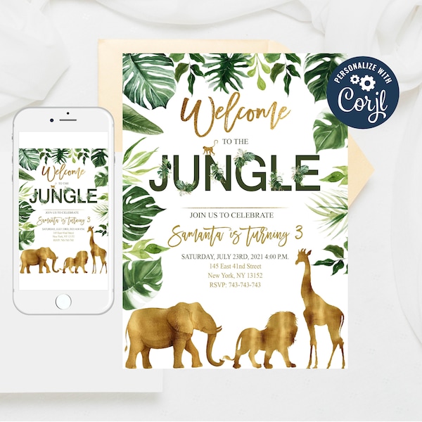 Editable Safari Party Invitation, Gold WILD Animal invitations, Jungle Birthday Invitation, Party Animals Lion Giraffe Elephant Monkey 307