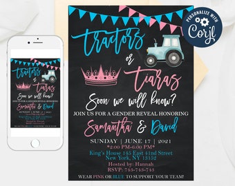 Tractors or Tiaras Gender Reveal Invitation Template (Editable)