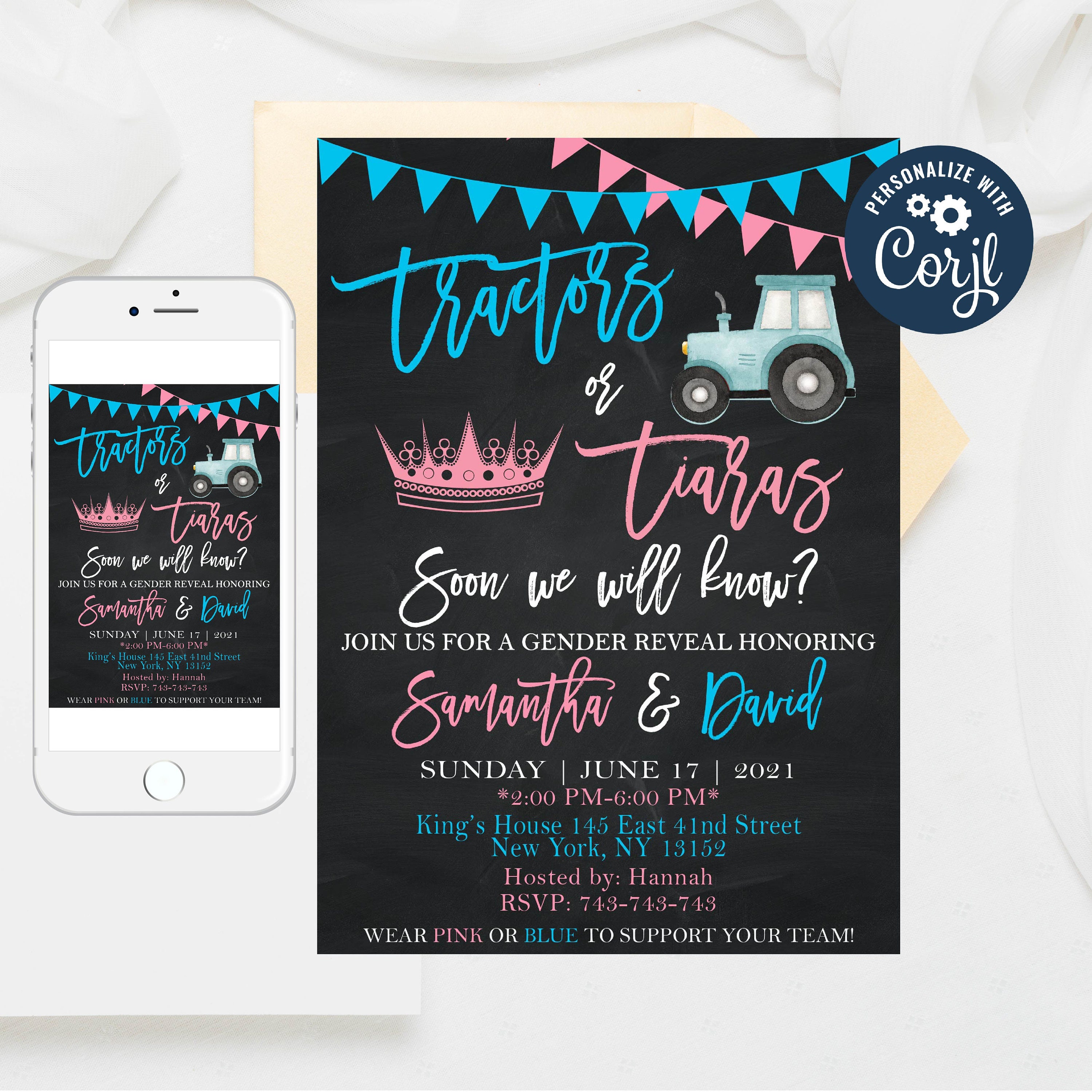 Editable Tractors or Tiaras Gender Reveal Party Evite Gender Etsy