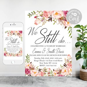 Floral Anniversary Vow Renewal Invitation: Editable Template