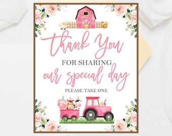 Farm Animals Birthday Thank You Sign: Pink Barnyard Decor (Digital Download)
