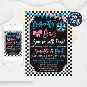 Cars Wheels Gender Reveal Invitation: Burnouts or Bows (Editable Template)