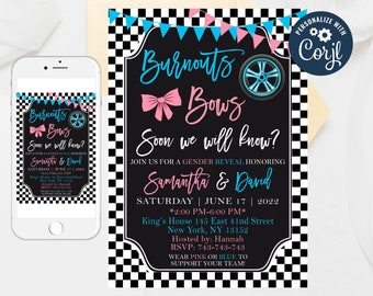 Cars Wheels Gender Reveal Invitation: Burnouts or Bows (Editable Template)