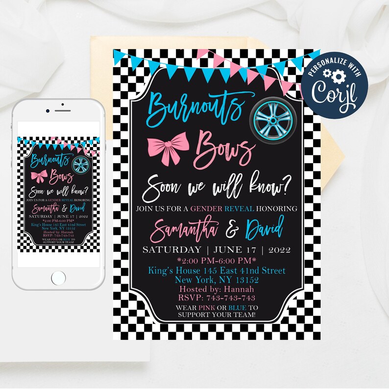 Cars Wheels Gender Reveal Invitation: Burnouts or Bows (Editable Template) image 1