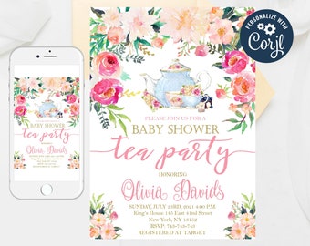 Editable Tea Party Baby Shower Invitation, Tea Party Floral Baby Shower Invite, High Tea Garden Party Invitation Template 227