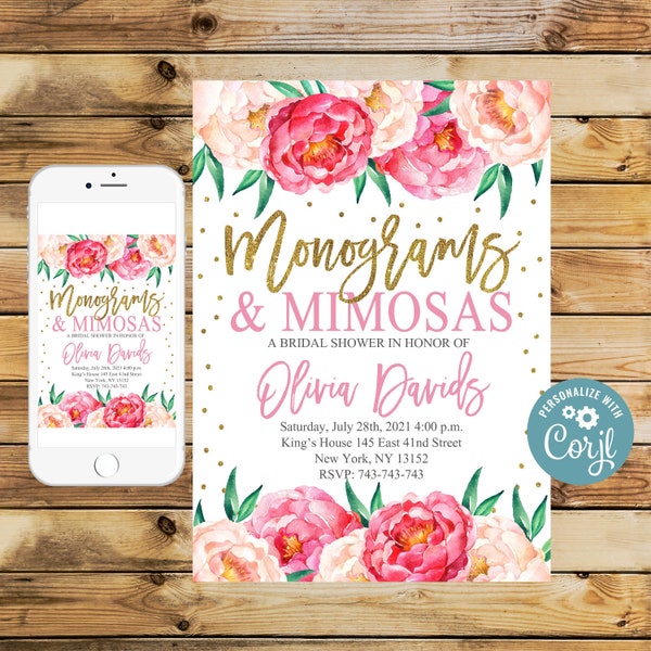 Editable Monograms & Mimosas Invitation, Printable Monograms and Mimosas Invite, Monograms And Margaritas Bridal Shower Invitation 55