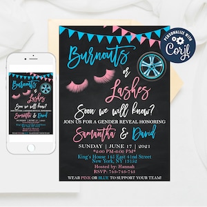 Burnouts or Lashes Gender Reveal Invitation: Editable Template