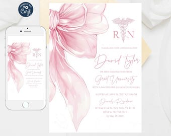 Pink Bow RN Graduation Invitation: Editable Coquette Announcement (Digital Download)